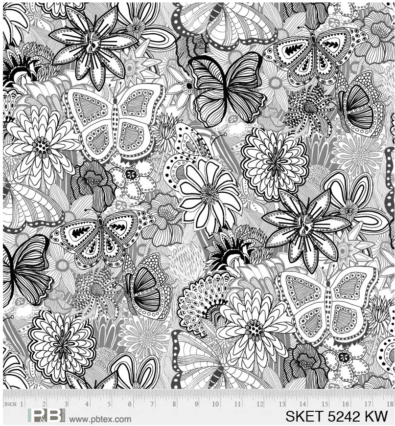 Sketchbook Butterfly Floral 108" Quilting Widebacks - 4 Colors