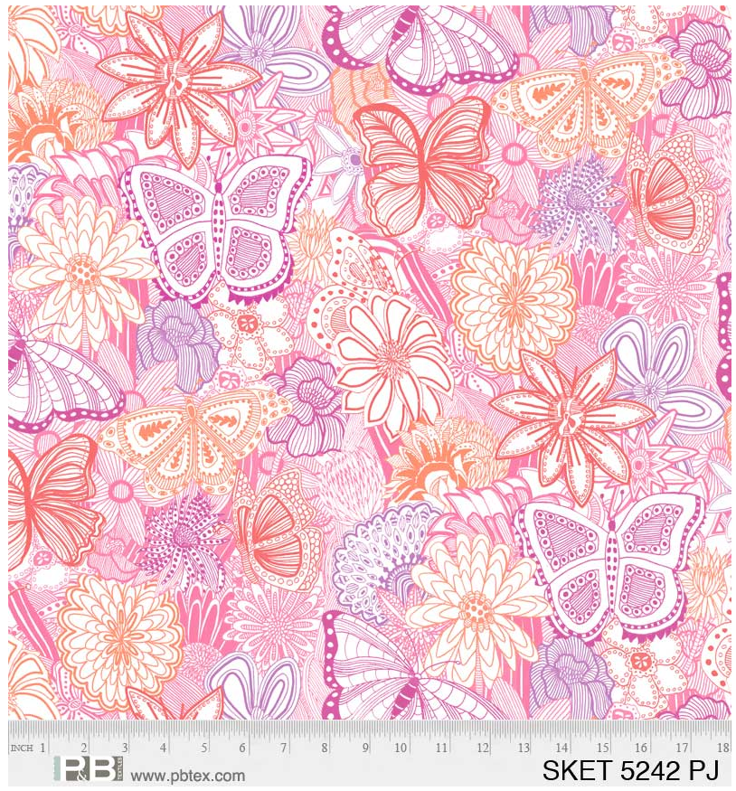Sketchbook Butterfly Floral 108" Quilting Widebacks - 4 Colors