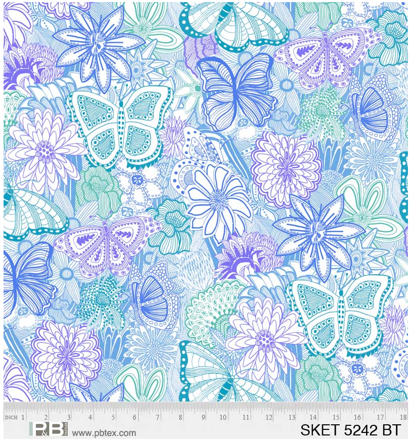 Sketchbook Butterfly Floral 108" Quilting Widebacks - 4 Colors